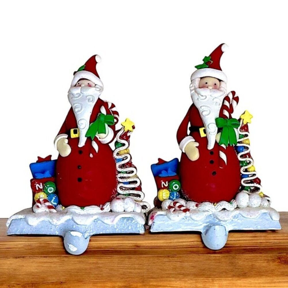 Vintage Cast Iron Stocking Holders Santa Clause Ribbon Candy Holiday Red 2 PC